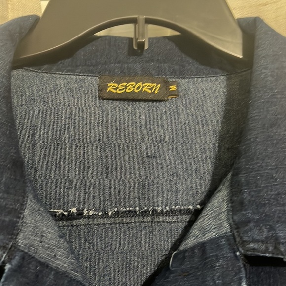 Reborn Dark Blue Denim Jacket with Ruffled Cap Sleeves & Hem Sz M - Picture 3 of 6